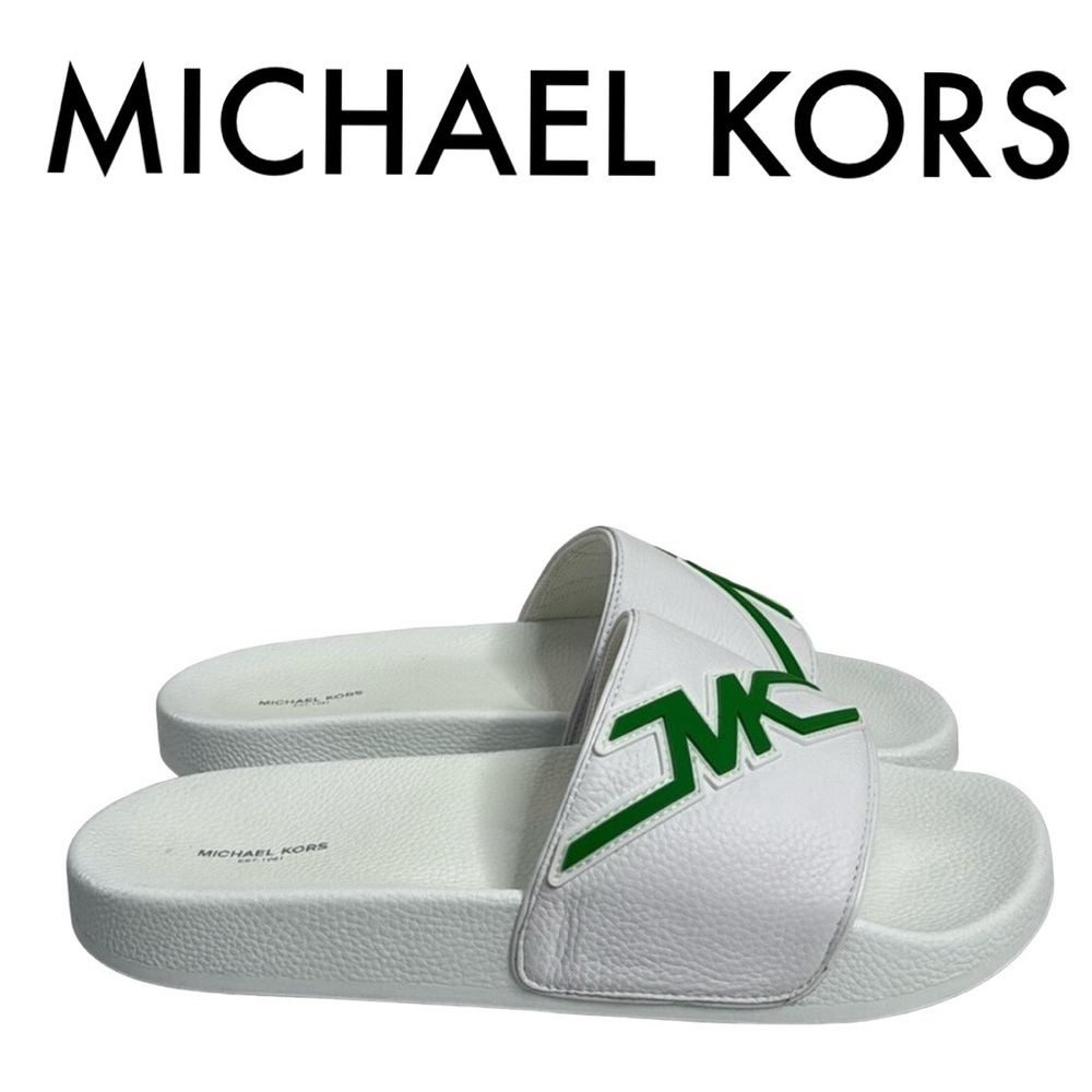 MICHAEL KORS NWT MEN’S WHITE GREEN LEATHER SLIDES SANDALS SIZE 12